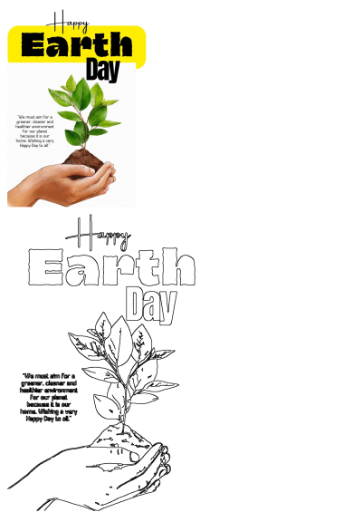 Happy Earth Day image showing hands nurturing a small plant with soil, promoting a greener, cleaner, healthier world. Includes an outline.