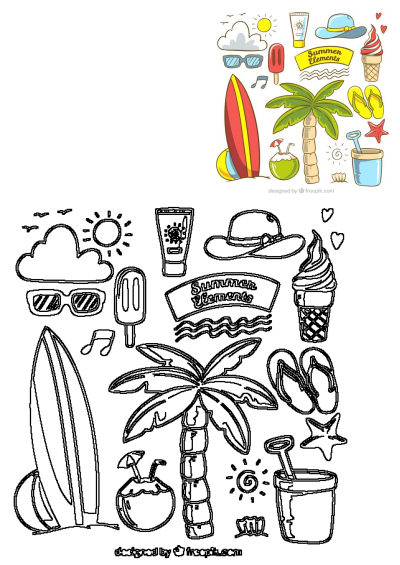 A vibrant collection of summer beach elements including a palm tree, sunscreen, sunglasses, ice cream, surfboard, and sun.