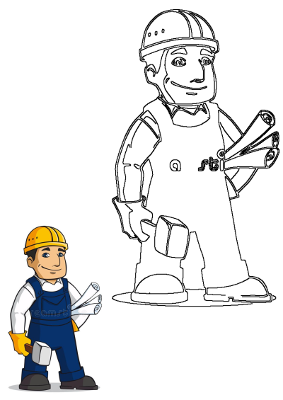 A friendly cartoon construction worker wearing a hard hat, blue overalls, yellow gloves, holding blueprints and a hammer.