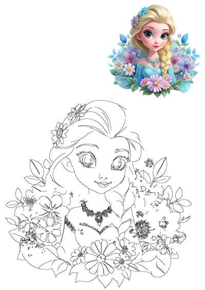Elsa cartoon character surrounded by pastel flowers in a vibrant illustration, accompanied by a black outline drawing for coloring.