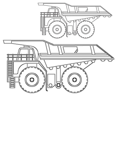 A black and white line drawing illustration featuring two heavy-duty dump trucks, ideal for construction or mining themes.