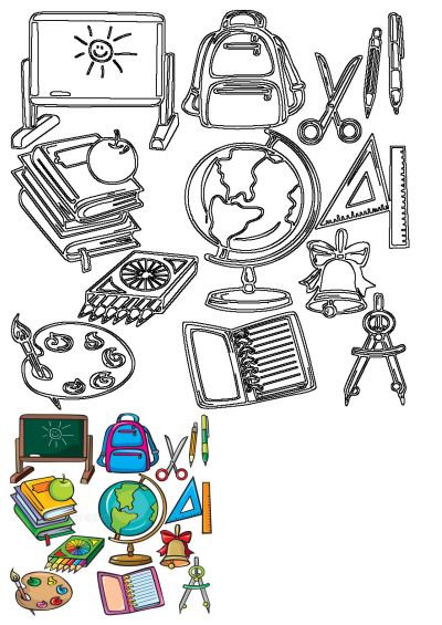 Diverse school supplies illustration on white background, featuring backpack, books, globe, blackboard, and art tools.