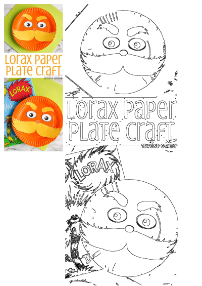 Two orange paper plate Lorax crafts with yellow mustaches and eyes, one next to a Lorax book, ideal for kids' activities.