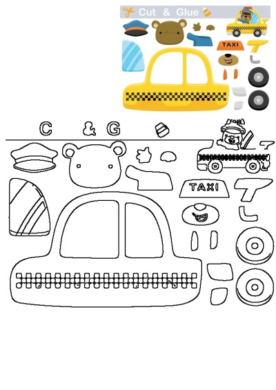 Printable cut and glue craft activity featuring a yellow taxi cab with a bear driver wearing a police hat. Includes assembly pieces and example.