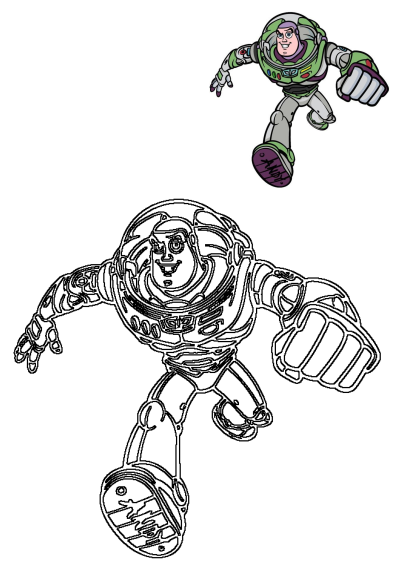 Dynamic Buzz Lightyear cartoon drawing featuring a vibrant colored illustration and a clear black and white outline ready to be colored.