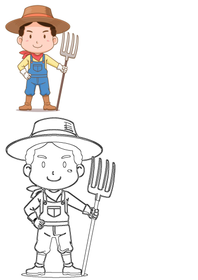 A cheerful cartoon farmer vector illustration, wearing a hat and overalls, holding a pitchfork. Includes an outline drawing for coloring.