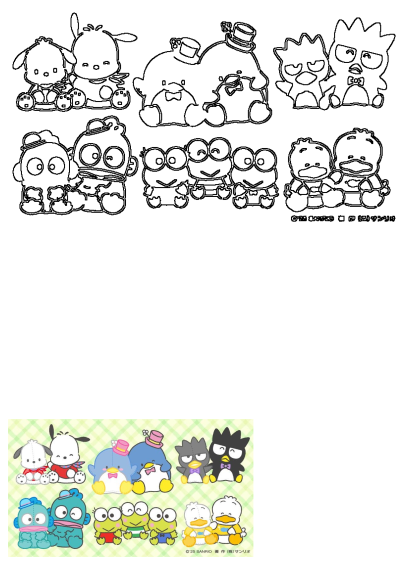 Sanrio stuffed animals including Pochacco, Tuxedosam, Badtz-Maru, Keroppi, Hangyodon, and Pekkle plushies on a green checkered background. Also features character line art.