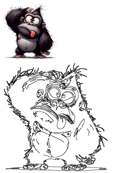A cartoon gorilla with its tongue out and scratching its head. This silly black and gray primate features big, wide eyes and is accompanied by a black and white outline version.