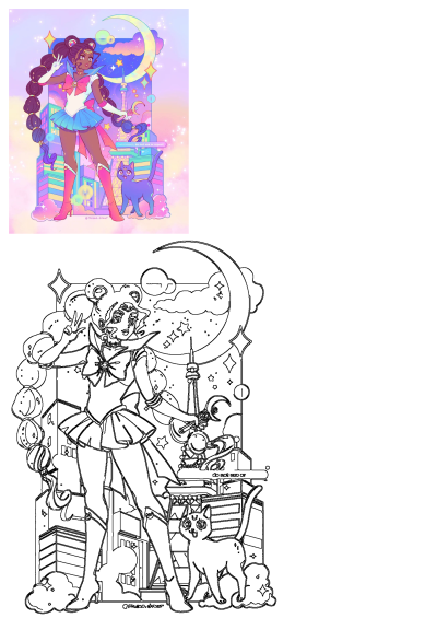 A vibrant illustration of a Sailor Moon-inspired girl and purple cat against a pastel night cityscape with a crescent moon and stars.