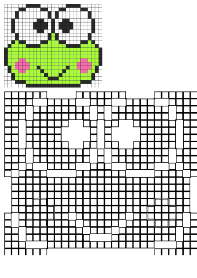 Cute pixel art style green frog face cross stitch pattern with big eyes, black smile, pink cheeks, and a detailed grid outline.