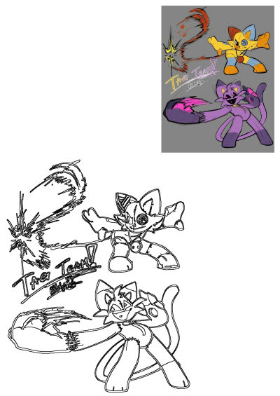 Cartoon Character Tag Team Illustration: Dynamic yellow and purple plushie cat characters in action poses with energy bursts, includes line art.