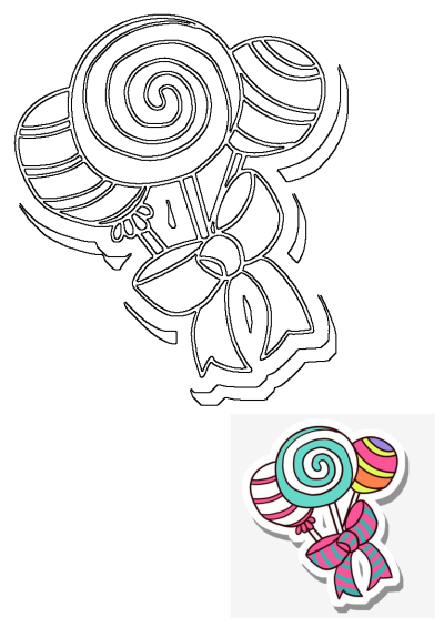 A vibrant sticker featuring colorful swirly and striped lollipops tied with a pink and teal ribbon, presented alongside its outline drawing.