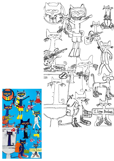 Colorful Pete the Cat collage on a bright blue background featuring Pete playing guitar, as an artist, swimmer, driver, and at school.