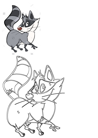 An angry cartoon raccoon illustration, depicted in grey with a black mask and striped tail, scurrying and looking back.