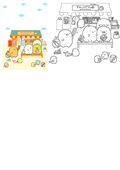 Cute Sumikko Gurashi characters gather at a store bench, enjoying snacks and playing. Adorable animals like Shirokuma, Tonkatsu, and friends.