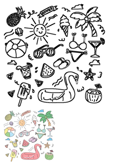 Summer vacation clipart featuring a sun, beachball, flamingo float, pineapple, ice cream, palm tree, and other summer doodles.
