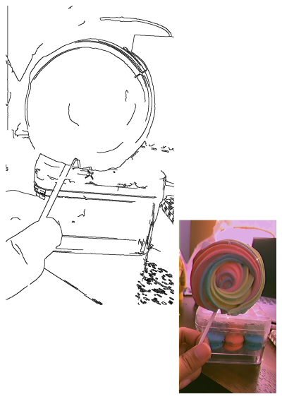 A hand holds a vibrant rainbow swirl lollipop. Below it, a clear candy box contains blue and orange macarons, a sweet treat.