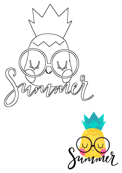 A cute yellow pineapple illustration wearing black glasses and rosy cheeks with 'Summer' text. Includes both outline and vibrant colored versions.