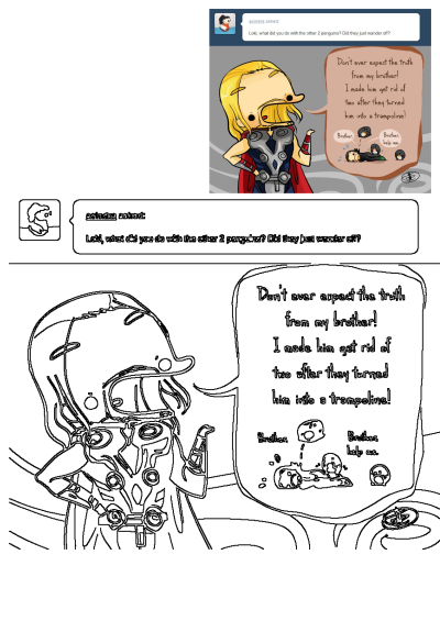 Chibi Thor comic reveals how he dealt with mischievous penguins using Loki as a trampoline. Funny Marvel Avengers scene, includes outline.