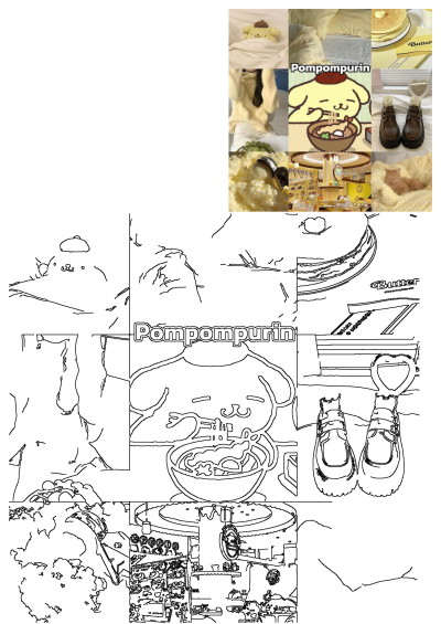 A charming Pompompurin collage featuring food like pancakes, noodles, butter, a cafe, a plushie, and a cute cat, showcasing a warm aesthetic.