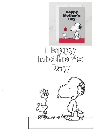 Snoopy Mothers Day Card With Flower featuring Snoopy and Woodstock, with a vibrant card and an outline version for coloring.