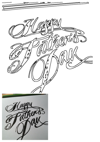 Elegant 'Happy Father's Day' handwritten calligraphy design. Features an outline and a finished black ink version, ideal for a greeting card.