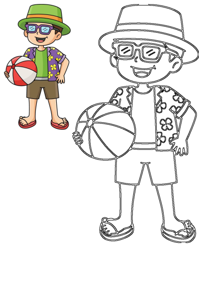 Happy cartoon boy in beach attire: green hat, sunglasses, floral Hawaiian shirt, shorts, flip-flops, holding beach ball. With outline art.