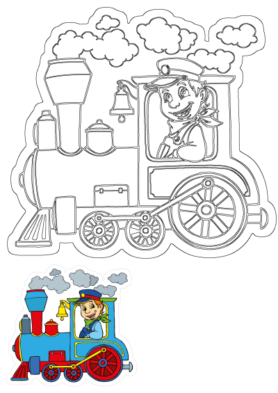 Line art of a happy train engineer in a steam locomotive, ready for customization as a fun decal sticker for boys and girls.