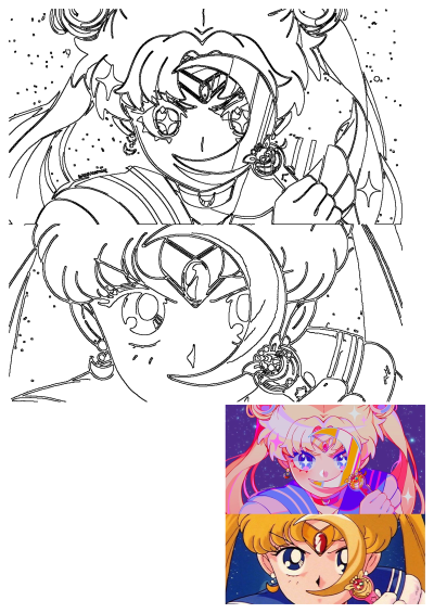Sailor Moon blonde hair, blue eyes anime art comparison. See line art, modern vibrant style, and classic anime depictions holding a scepter.