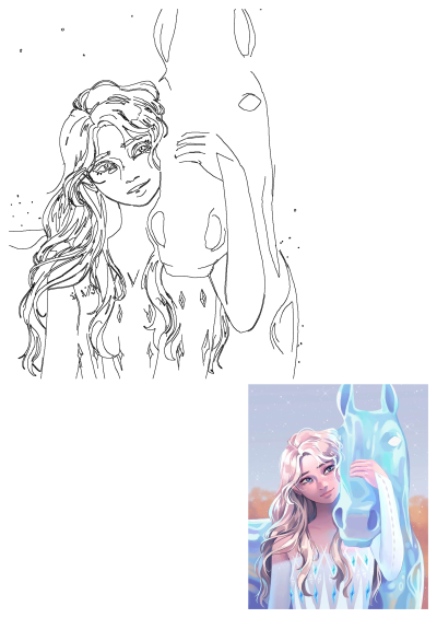 An artistic illustration of Elsa from Frozen 2 tenderly interacting with Nokk, the water spirit horse, amidst sparkling magic.