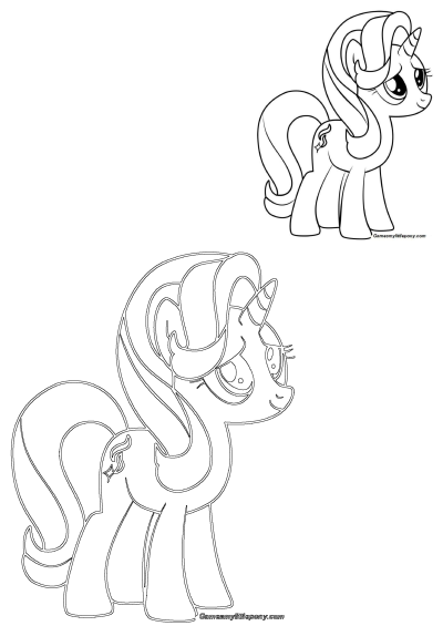 Outline drawing of a cute Little Pony unicorn with big expressive eyes and a star cutie mark, perfect for kids to color.