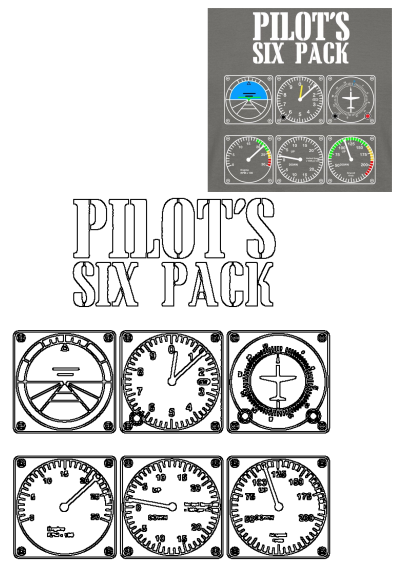 A comprehensive graphic design of the Pilots Six Pack aviation instruments, showcasing essential flight gauges in both color and outline versions.
