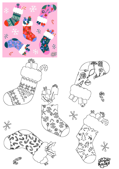 Colorful illustration of festive Christmas stockings filled with gifts and candy canes on pink, alongside black-and-white outlines for holiday creativity.