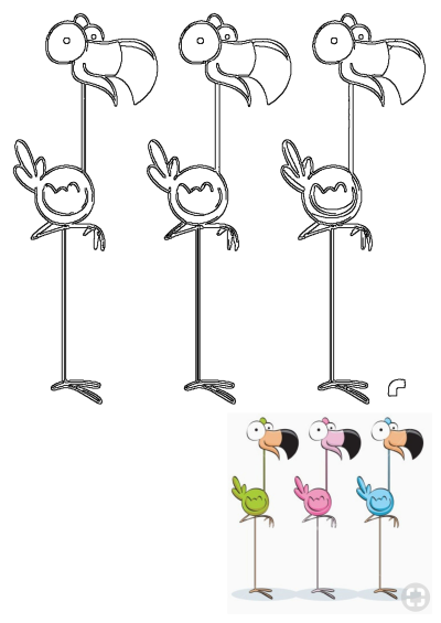 Cartoon flamingos standing together, featuring both outlines and colorful tropical birds in green, pink, and blue designs.