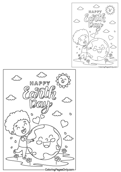 A happy boy hugs the smiling planet Earth, celebrating Earth Day with clouds, hearts, flowers, and a smiling sun. Perfect for coloring.