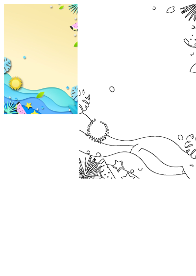 Abstract summer background with paper-cut watermelon, sun, stars, and layered blue waves, perfect for vacation themes.