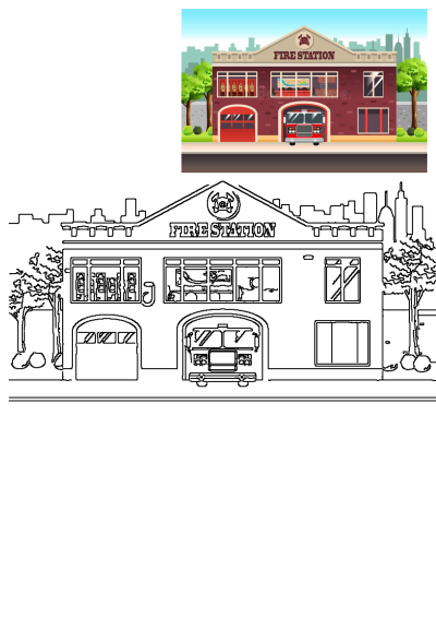 Vibrant cartoon fire station with red fire truck, city skyline background, and its black and white outline drawing.