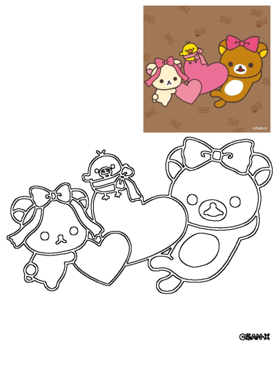 Cute San-X cartoon bears and duck holding pink hearts, with a monochrome outline version perfect for drawing or crafts.