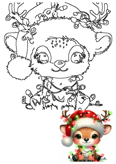 Black and white outline of a charming baby deer wearing a Santa hat and twinkling Christmas lights, a festive design.