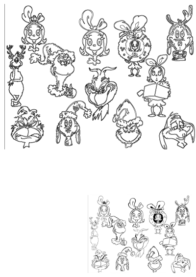 Outline drawings of The Grinch, Cindy Lou Who, and Max in various expressions and poses from Whoville, ideal for holiday fun.