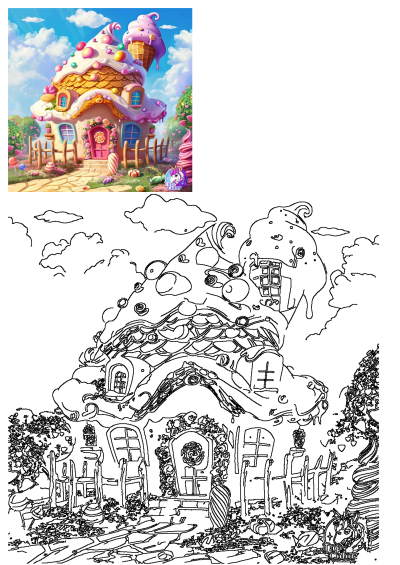 A vibrant, whimsical fantasy candy house with an ice cream roof, frosting, and various sweets, alongside a detailed outline version.