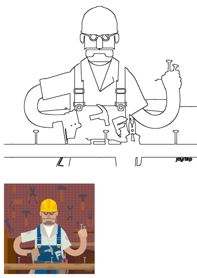 Cartoon handyman in a hard hat and overalls, holding a hammer and nails at a workbench with various tools on a pegboard background.