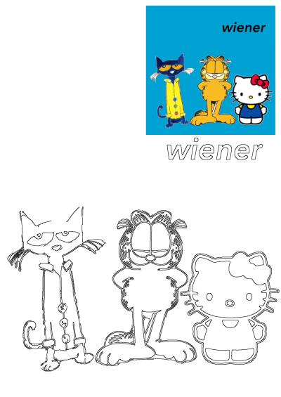 Pete the Cat, Garfield, and Hello Kitty in both vibrant colored and outline illustrations, featuring the word wiener.