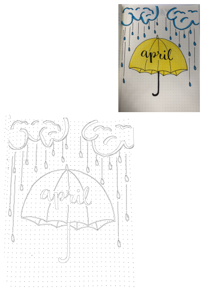 April bullet journal page design with a bright yellow umbrella under blue rain clouds and falling raindrops, featuring 'april' script.
