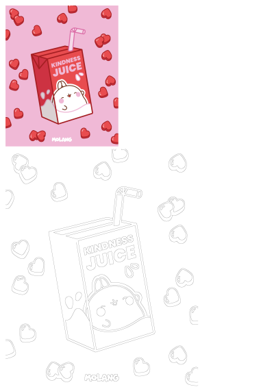 A cute character peeking from a red Kindness Juice carton with a pink straw, surrounded by floating red hearts on a soft pink background.