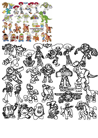 A diverse collection of Toy Story cartoon characters like Buzz, Woody, Jessie, Rex, and Potato Head, depicted in both color and outline styles.