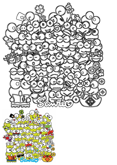 A diverse collection of Keroppi character faces with varied expressions, including happy, sad, and surprised, featuring both outline and colored versions.