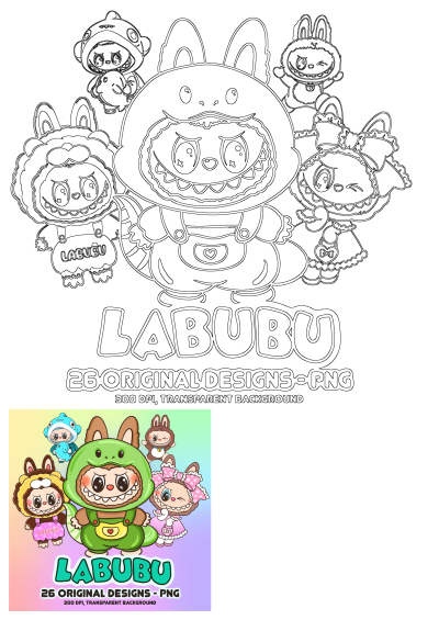 Labubu cartoon animal outlines in original designs: bunny, shark, lion, frog, for crafts. Features transparent PNG.