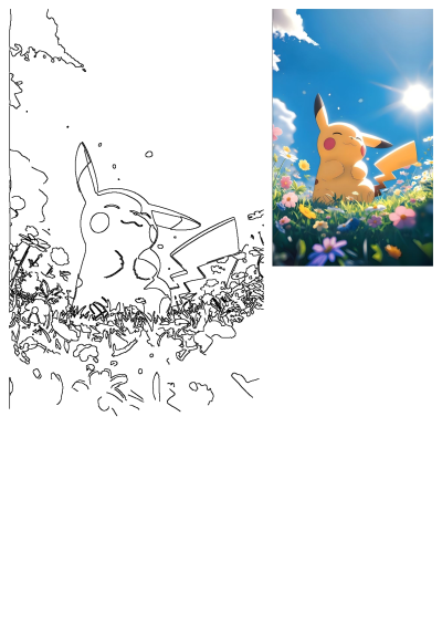 Pikachu Pokemon smiling happily in a vibrant field of colorful flowers under a bright sunny blue sky, enjoying nature.