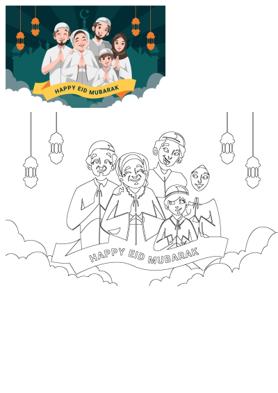 Festive Happy Eid Mubarak illustration featuring a Muslim family (grandparents, parents, child) praying, with a bonus coloring page.